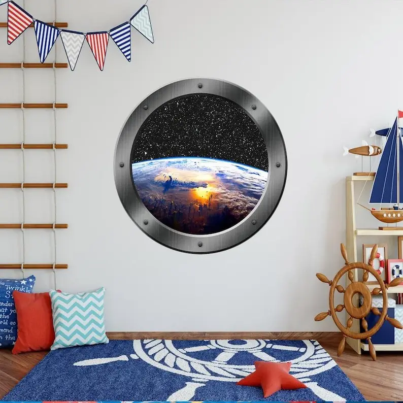 

Space Decal Earth Wall Art Decal 3D Outer Space Window Mural Porthole Decor - VWAQ PS11