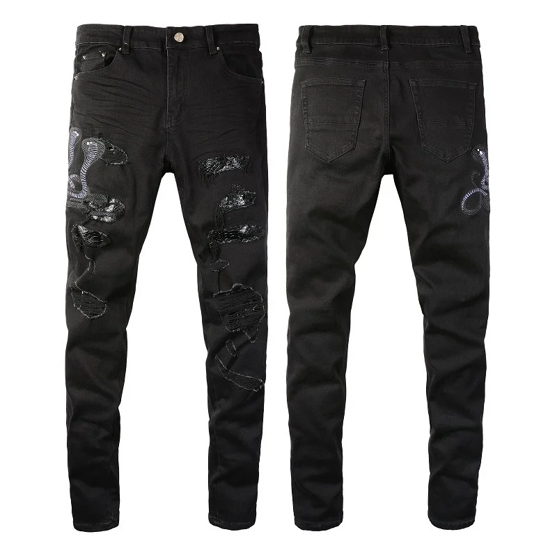 

Cobra 2023 Men Embroidered Holes Patched Skinny Ripped Jeans Black Stretch Slim Fit High Street Scratch Denim Pants Hot Sale