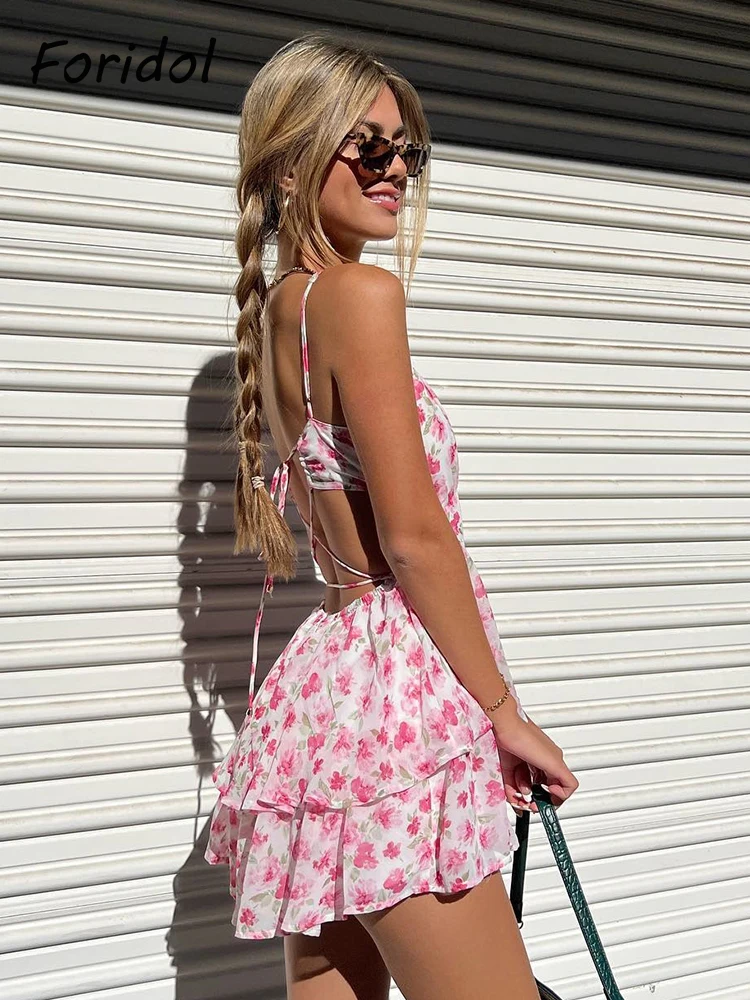 

Rose Flower Print V Neck Tiered Pink Mini Dress Chiffon Summer Backless Lace Up Hollow Out Sexy Beach Cute Dress Boho Vestidos