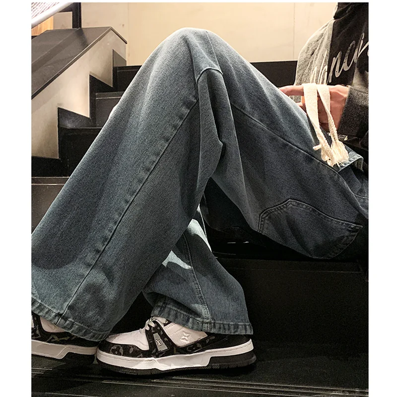 Streetwear Men 2022 Fashion New Pattern Vintage Recreational Blue Jeans Loose Straight Cylinder Broad Leg Trousers Autumn Female
