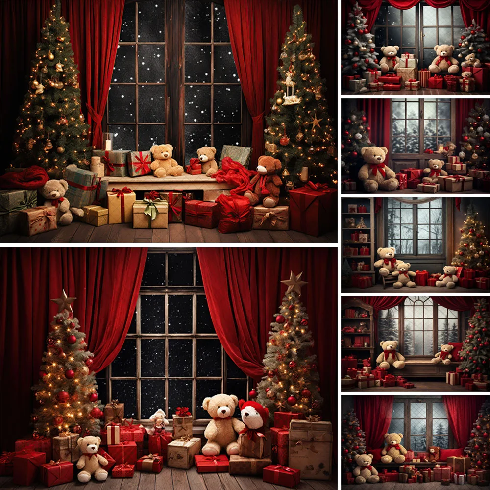 

Christmas Bear Toys Backdrop Gifts Window Starry Sky Xmas Tree Kids Portrait Photo Background Red Curtain Photography Photoshoot