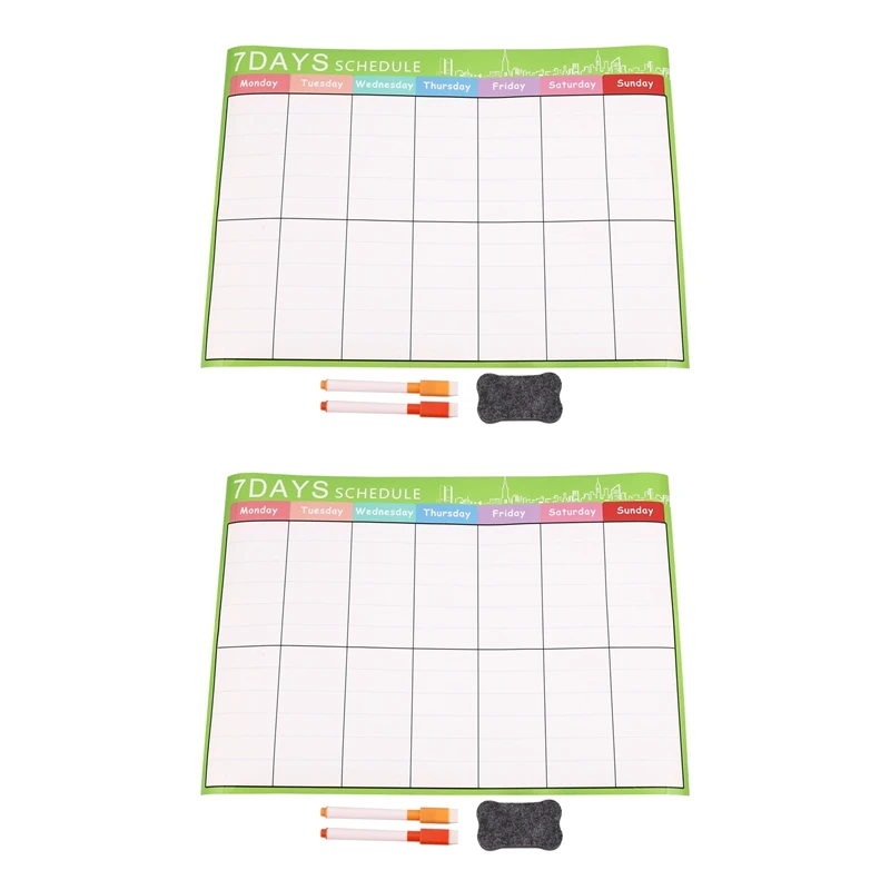 

2X Kids Magnetic Dry Erase Planner Board For Refrigerator A3 Magnetic Whiteboard Family Organize Green+White