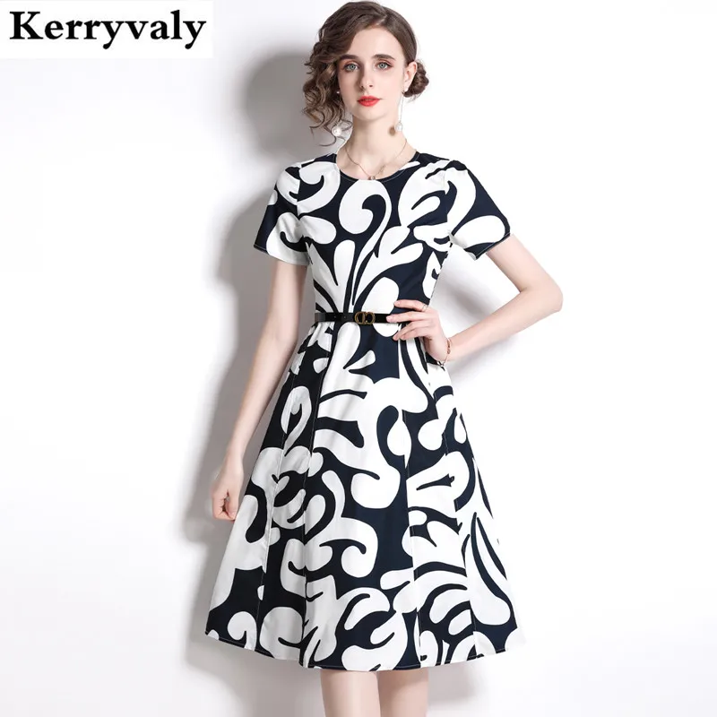 

Summer Printing Slim Commuter Midi Dress Women Belt Vestidos Casamento Convidada Elegante платье плисе فستان K6124