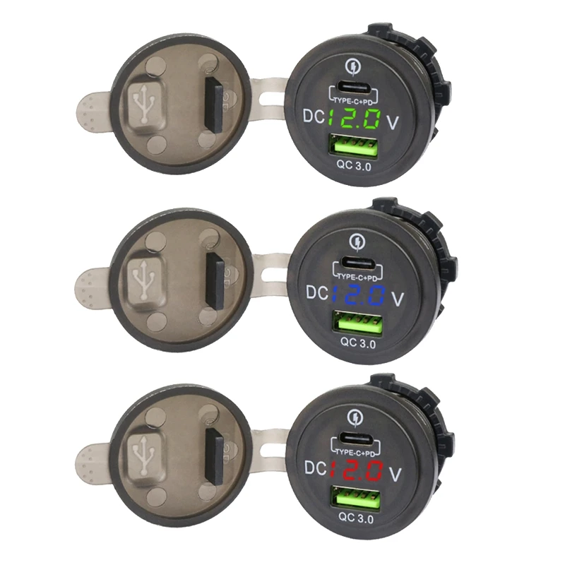 

Dropship Car Phone Charger Usb C Type C+PD QC3.0 Power Socket for Motorcycle Boat Mobile Phones Charger with Led Voltmeter