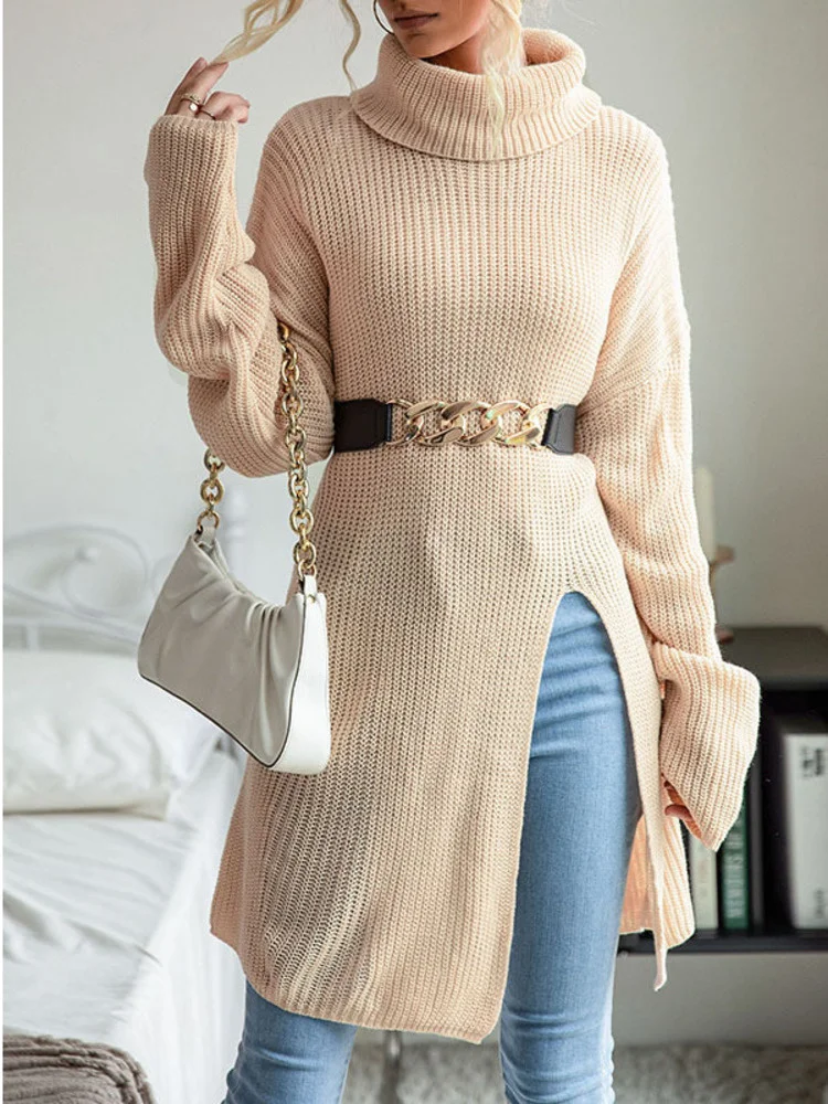 Фото Осенне-зимний вязаный свитер LiTi модное женское Однотонное шерстяное платье с