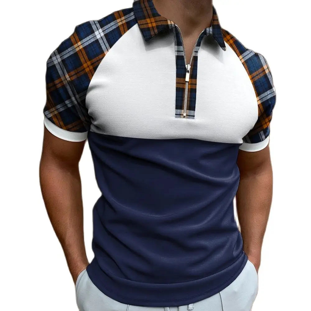 

3D short sleeved summer men's striped zippered polo shirt Men's clothing European comfortable and breathable men's street clothi