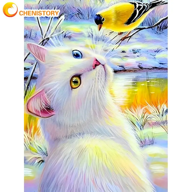 

CHENISTORY Full Square Diamond Painting white cat animal Rhinestone Picture Diamond Embroidery Cross Stitch Home Decor