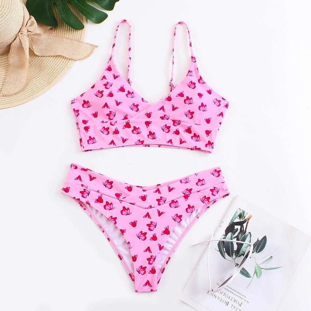 

2023 New Swimwear Printed Red Butterfly Split Swimsuit Womens Two Piece Bikini