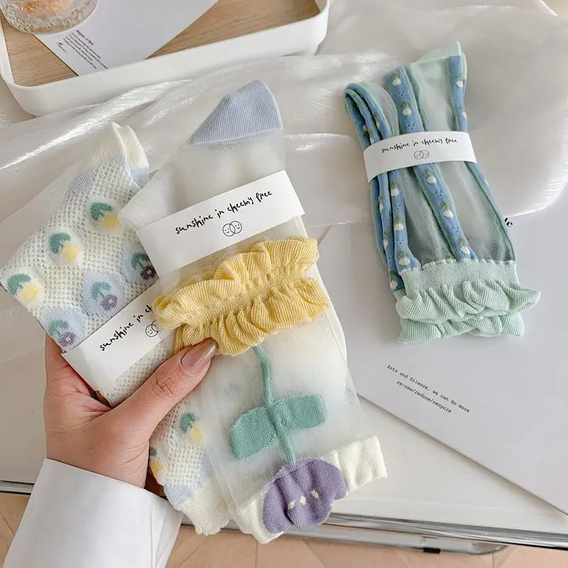 10PAIRS Spring and Summer Transparent Khaki Silk Mid-Calf Socks Women's Breathable All-Match Summer Women's Socks