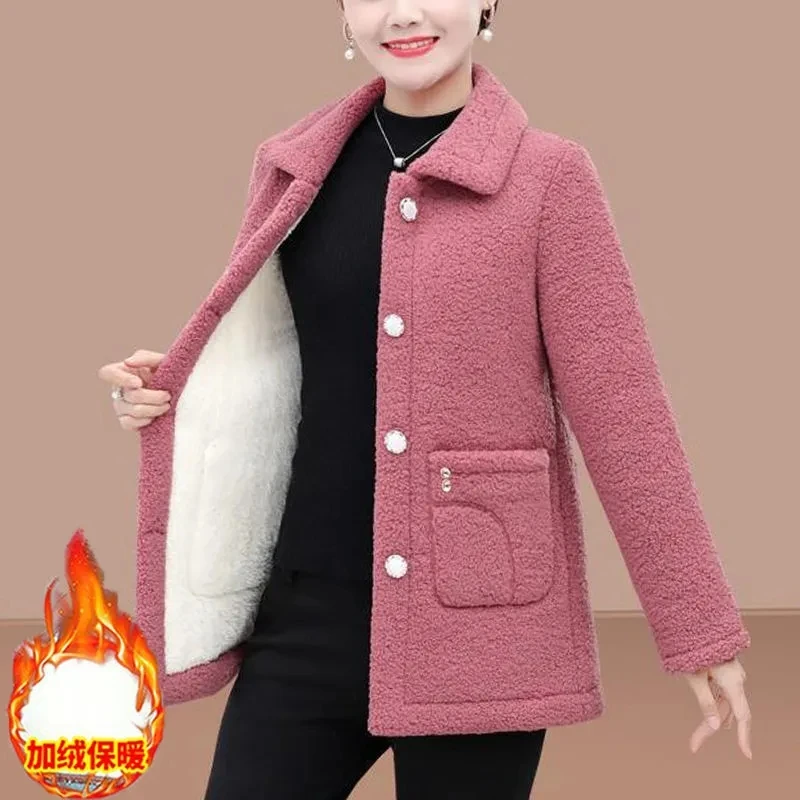 Mom Winter Clothes Velvet Thickened Warm Coat Women Lamb Fur Coat Middle-Aged Lady's Grain Velvet Loose Coat Female Jacket