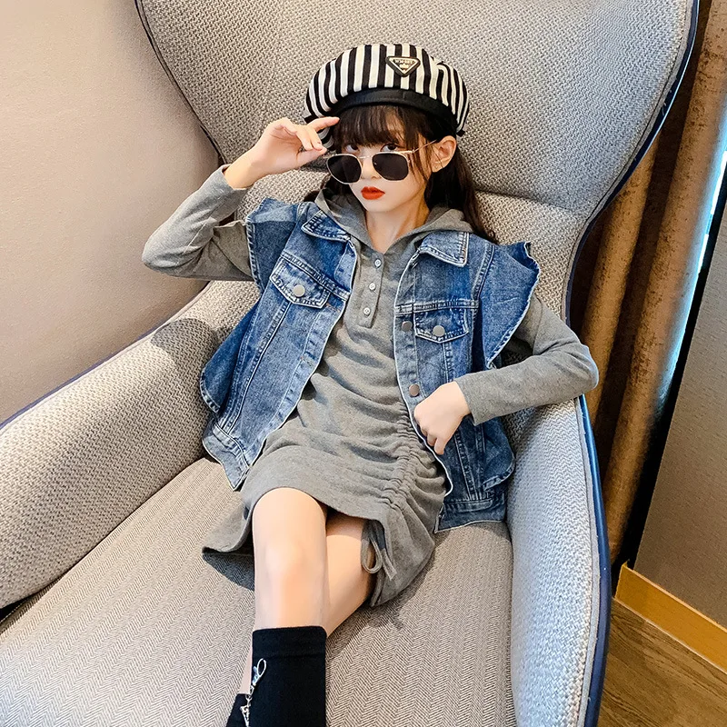 

Net Red Girls Suit 2022 New Western Style Denim Vest Sweater Dress Spring and Autumn Hooded Two-piece Skirt