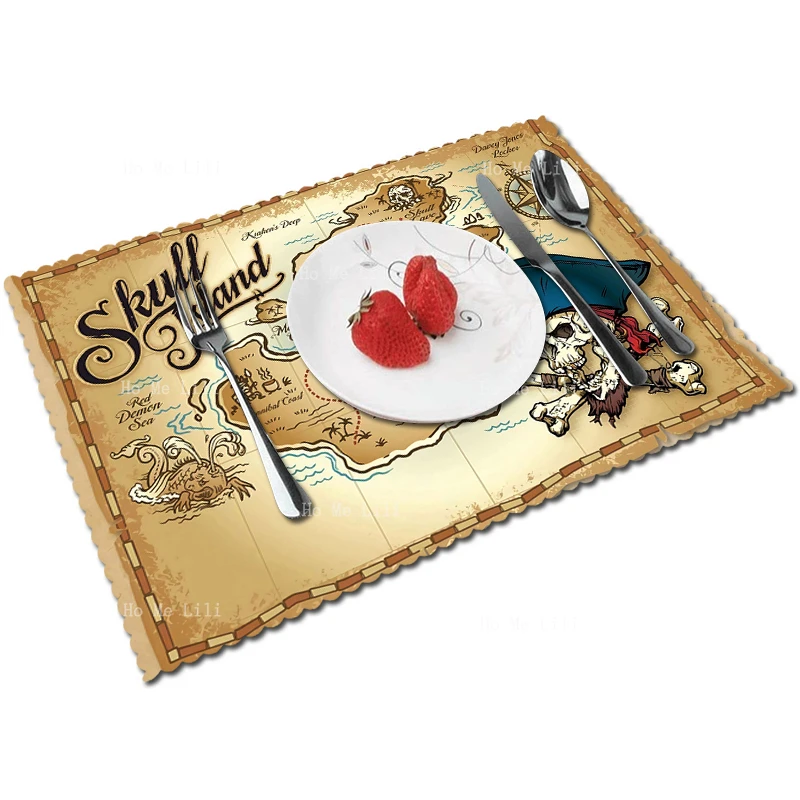 

Skull Island Old Pirate Weathered Treasure Map Fantasy World Skeleton Shipwreck Retro Classic Polyester Fabric Placemat