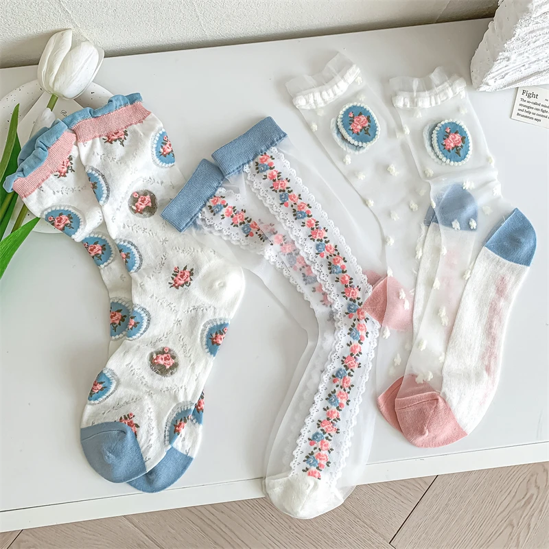 Летние Женские Дышащие Носки С Цветочным Принтом Повседневные Тонкие Прозрачные