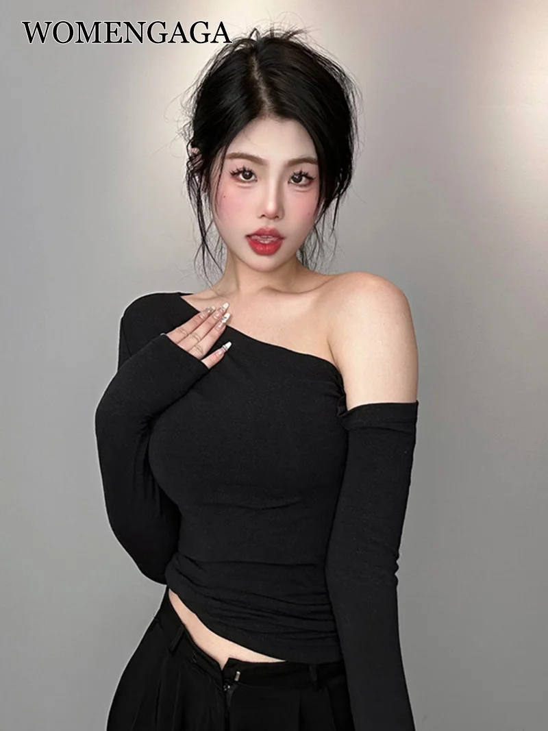 

Off WOMENGAGA Korea Shoulder Skew Collar Sexy Slim Long-sleeve T-shirt Top Women Fashion Tops Tees Sweet 2023 H4SI