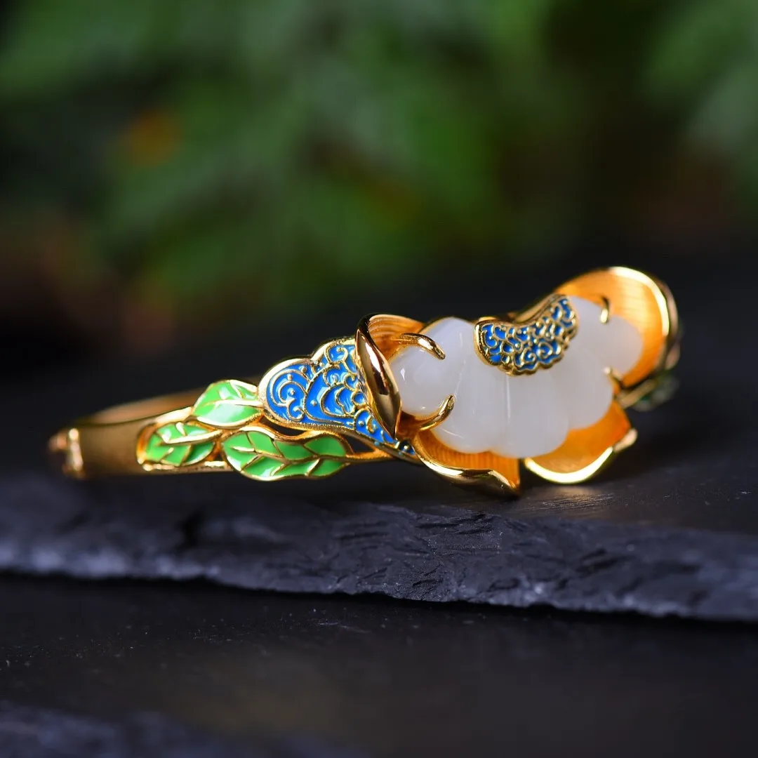 

Natural White Jade Flower 925 Sterling Silver Bangle Cloisonne Enamel Hetian Jades Nephrite Golden Antique Silver Bangles Women