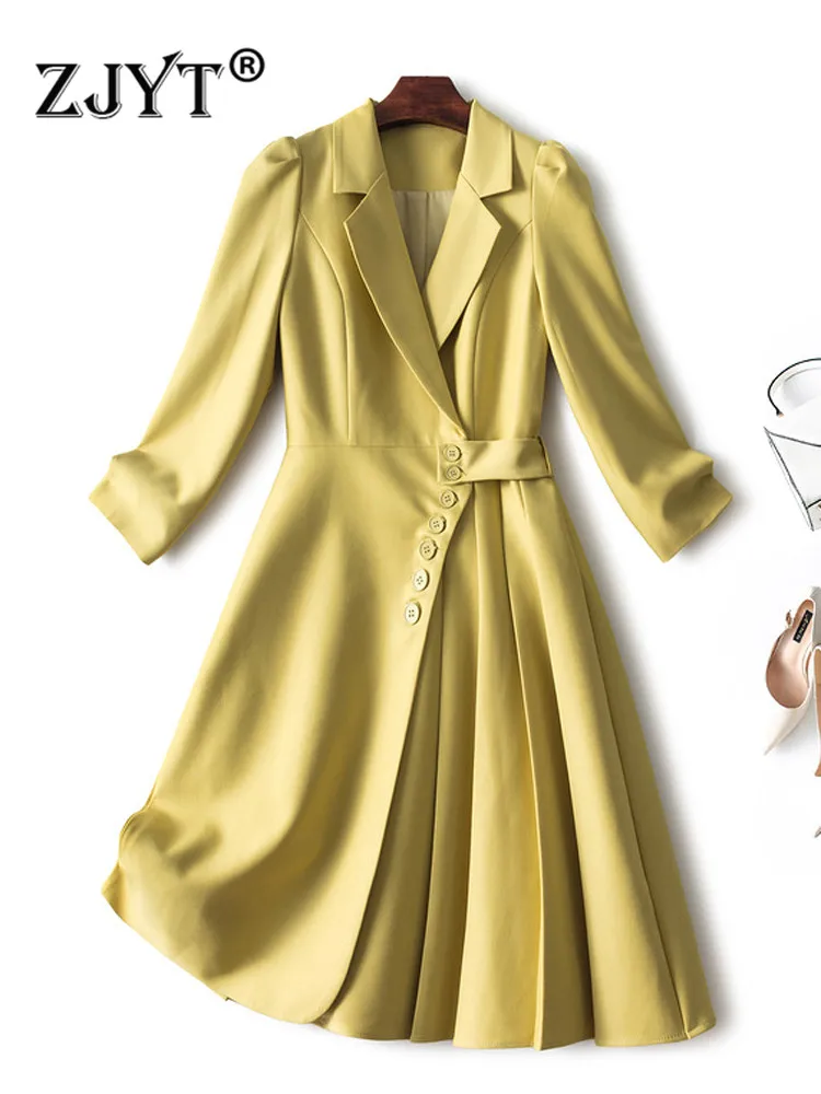 

ZJYT Autumn Designer Notched Blazer Dress Women 2022 Elegant Knee Length Office Wear Work Full Sleeve Solid Pleated Vestidos
