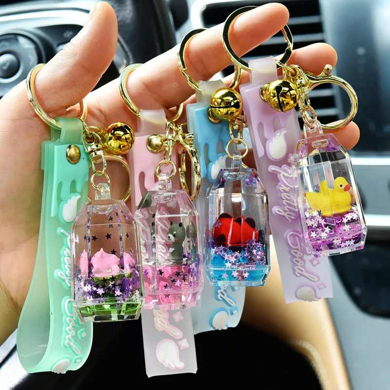 

Creative Milk Bottle Animal Doll Liquid Keychain Cute Flowing Quicksand Bear Pig Cat Keyholder Female Bag Pendant Keyring Gifts