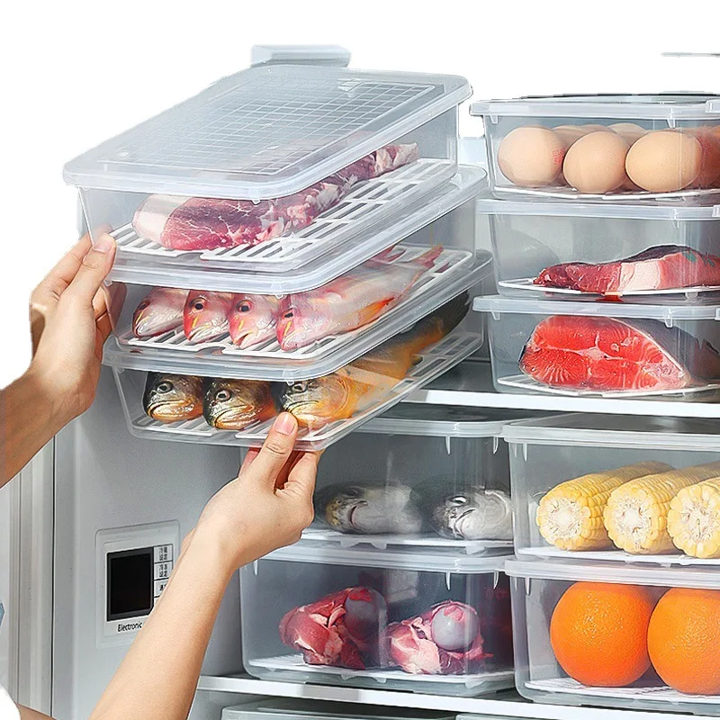 Plastic Food Storage Containers Large Capacity Kitchen Storage Box with Lid and Filter Tray Transparent Refrigerator Organizer