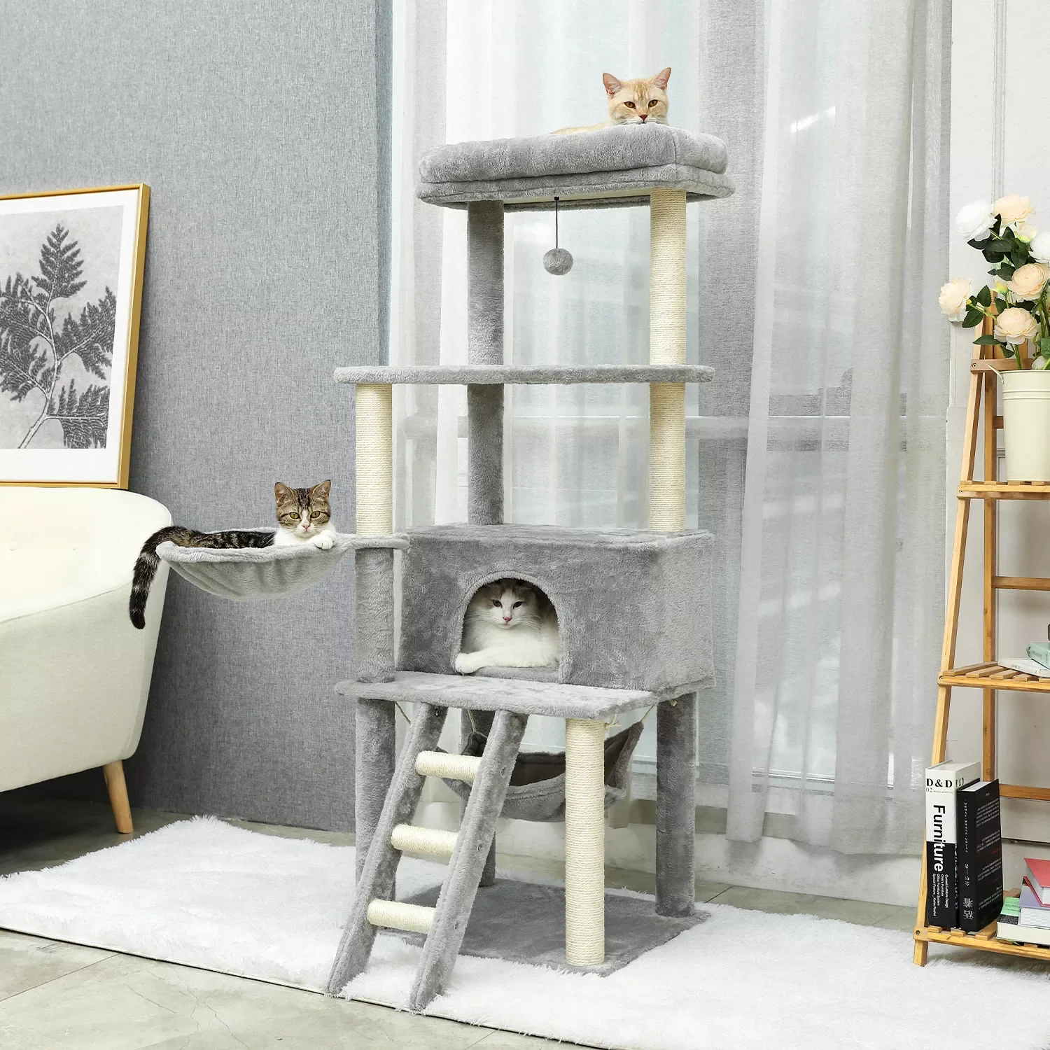 

Cat Tree Towel Scratching Sisal Post Multi-Level Pet Climbing Tree with Hammock Bed Cat Ladder Extra Large Perch with Toy Ball