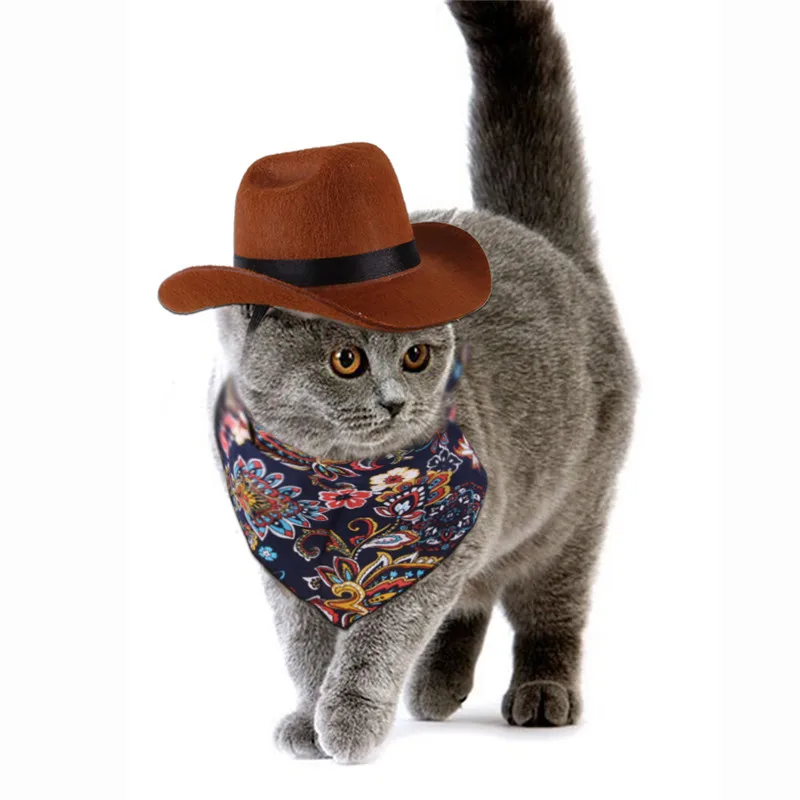 New Pet Hats Adjustable Pet Accessories Vintage Print Dog Saliva Towel Western Cowboy Hat Suits  Kitten Small Dog Supplies