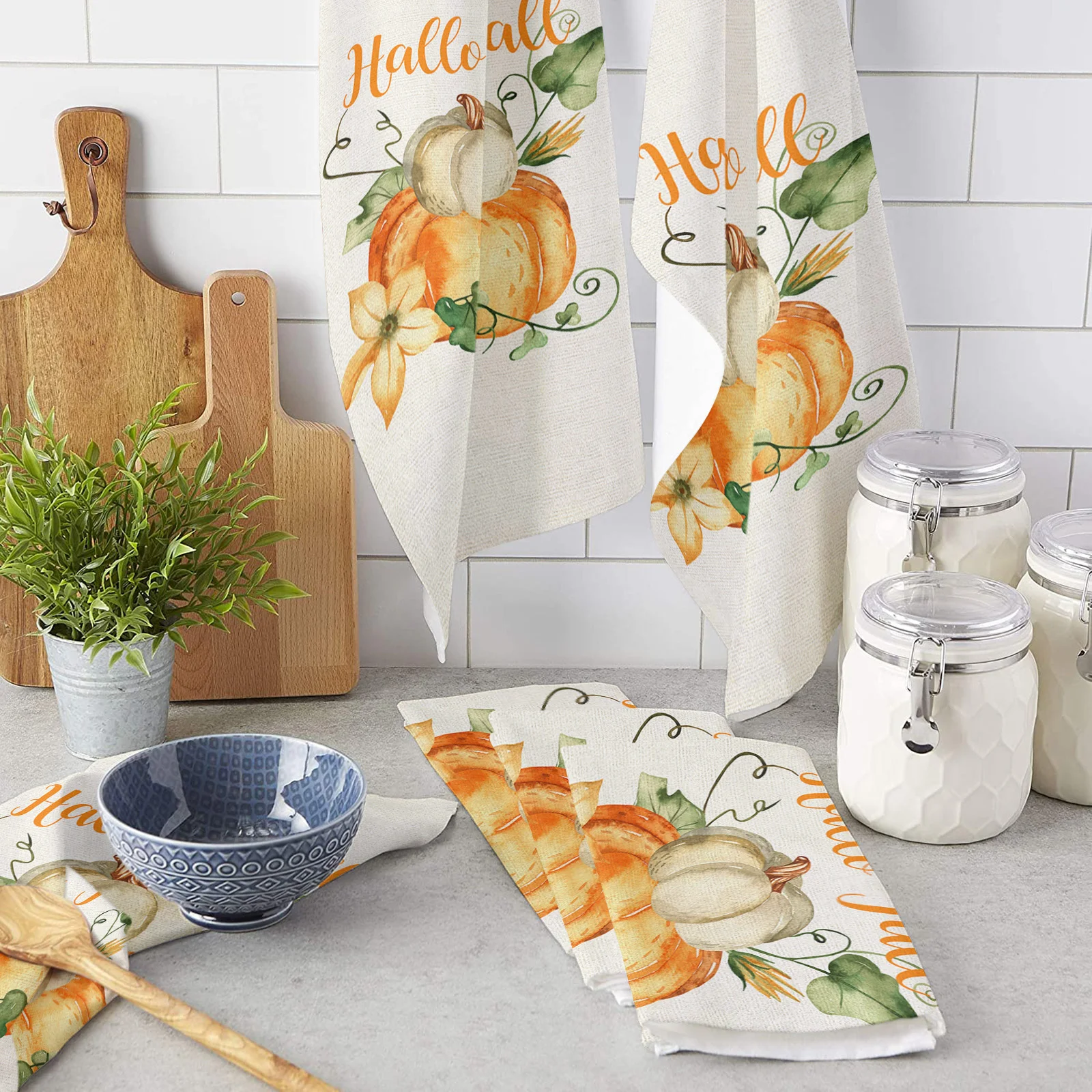

Autumn Watercolor Pumpkin Leaves Microfiber Towel Absorbent Kitchen Cleaning Cloth Dish Towel Household Cleaning Towel