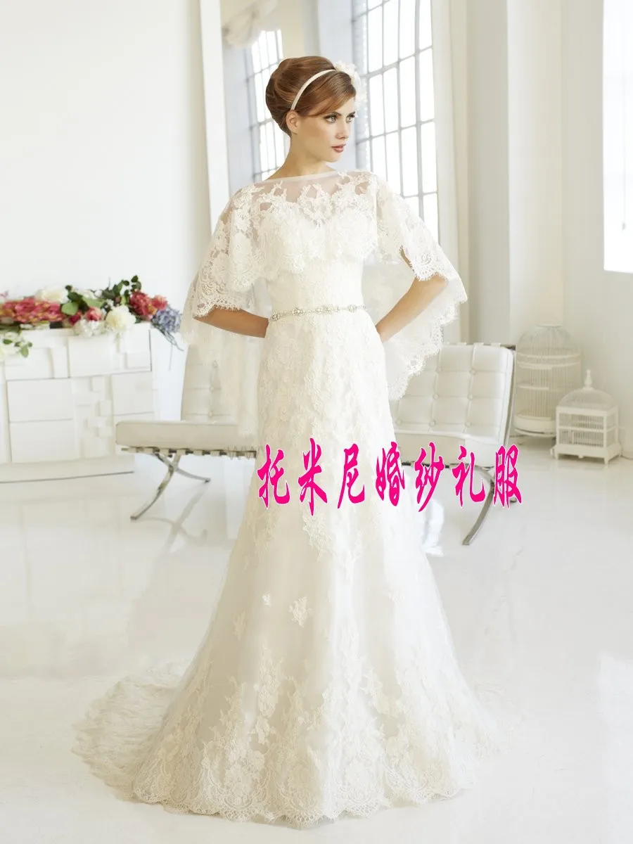 

batwing sleeve lace appliques crystal sashes mermaid Wedding Dress 2015 Vestido De Novia bridal Birde dresses Sexy Casamento