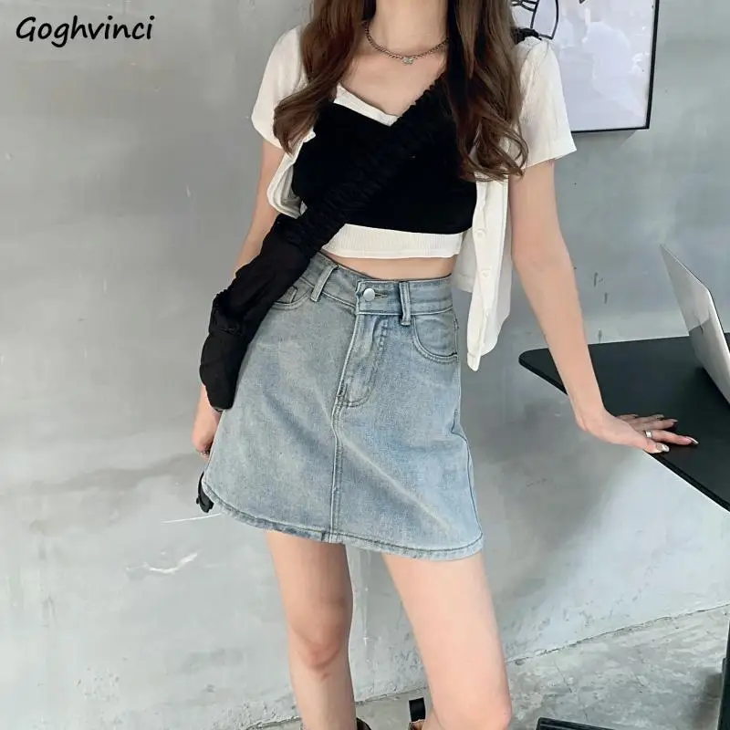 

Skirts Woman Casual Denim Solid Pockets All-match Streetwear Harajuku Mini Korean Style Summer Retro Vintage A-line Ins New Lady