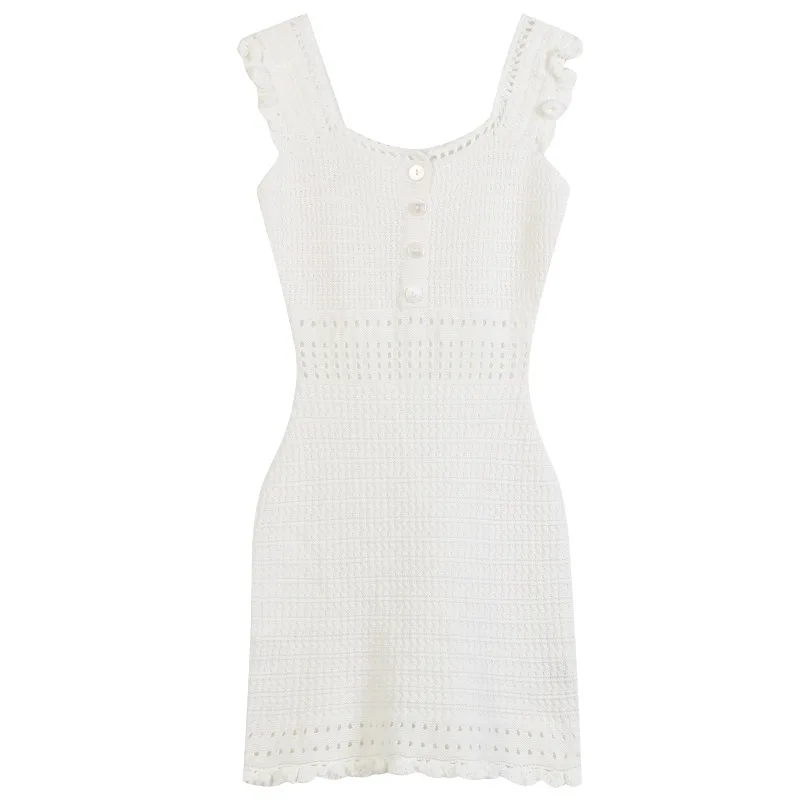 

French retro one-word collar sling bag hip skirt summer sexy crocheted hollowed-out slim vest knitted dress female