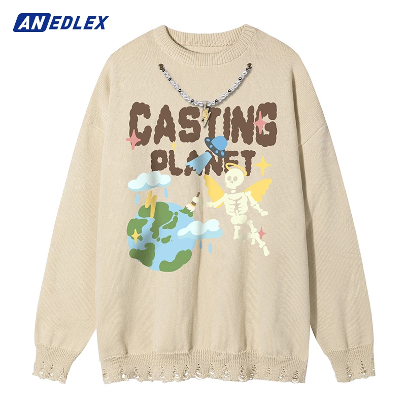 

Hip Hop Streetwear Necklace Knitted Sweater Funny Skull Earth Graphic Change Color Pullover Men Autumn Harajuku Cotton Sweater