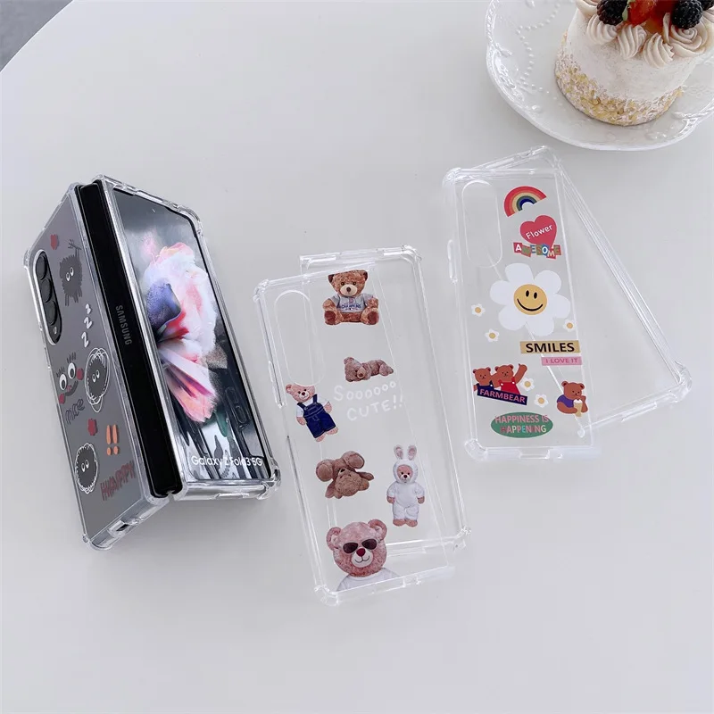 

Cute Teddy Bear Flowers Phone Case for Samsung Galaxy Z Fold 3 5G Hard PC Back Cover for ZFold3 Case Protective Shell
