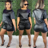 fagadoer causal pu leather tracksuits women solid neck tops and jogger shorts two piece sets summer female matching outfits 2022