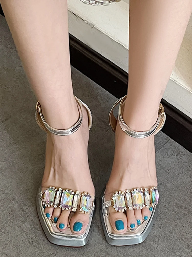 

Brand High Heels Women Sandals 2022 New Summer Crystal Buckle Fashion Party Sexy Open Toe Dress Shoes Women Pumps Slides Sandals