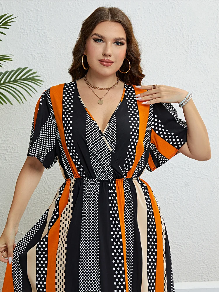 Summer paneled V-neck waist slim dress plus size outfits party dress