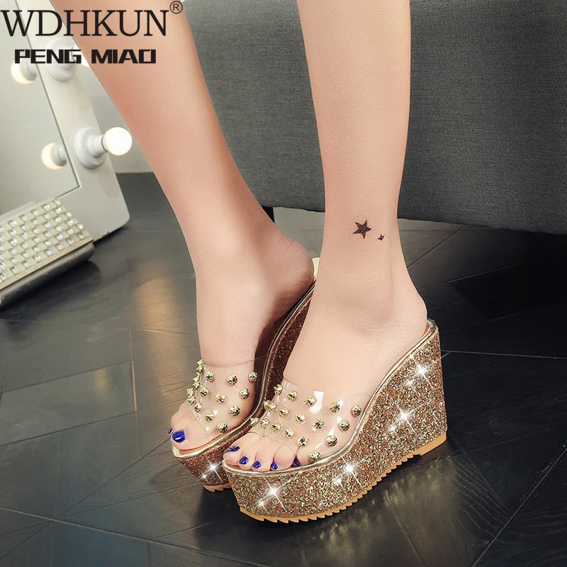 

Women Sandals Rivets Transparent Peep Toe High Heels Sandals Fashion Ladies Glitter Platform Wedges Summer Slides
