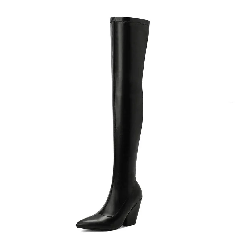 Black Red White Women Over the Knee Boots PU Leather Pointed Toe Square High Heel Ladies Long Boots Fashion Zipper Dress Boots