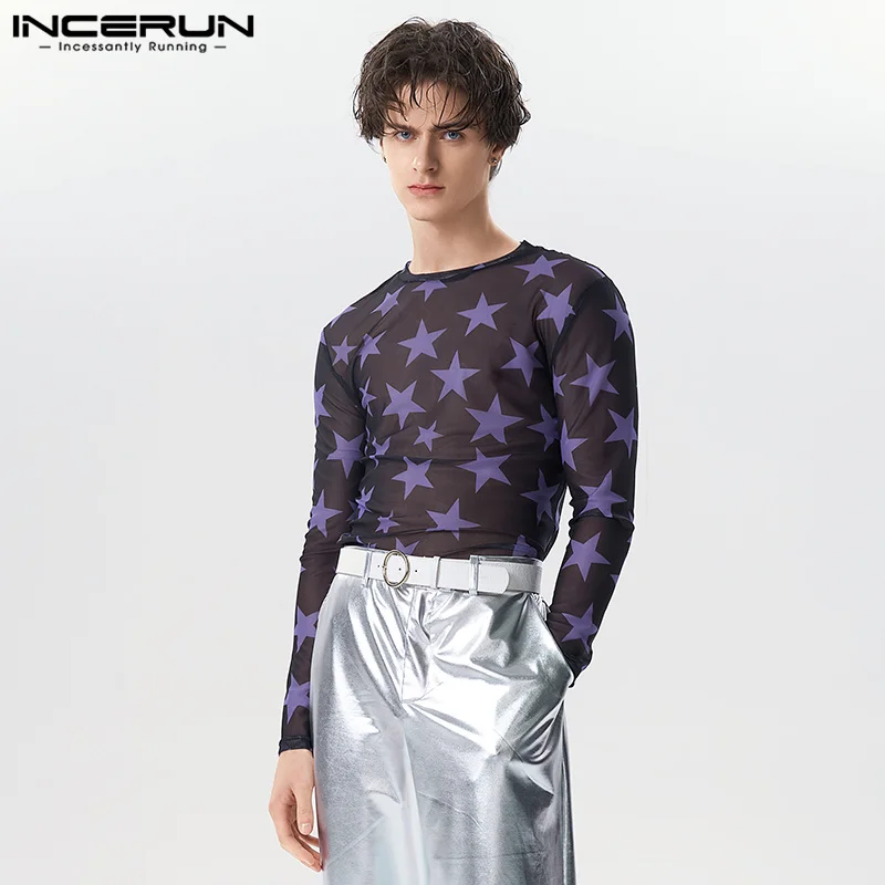 

Топы INCERUN 2023, мужские футболки в американском стиле с принтом звезд, Повседневная Женская эластичная тонкая футболка с прозрачной сеткой