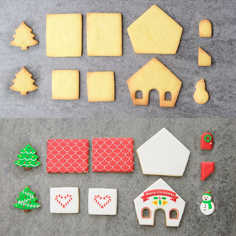 8pcs plastic cookie cutter set 3d christmas gingerbread house mould diy biscuit mold pastry cake stamp baking tools accessories free global shipping