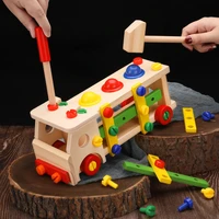 wood screwing blocks model building kits childrens block wooden toy kids building tool sets hand pushed toy brick car baby gift