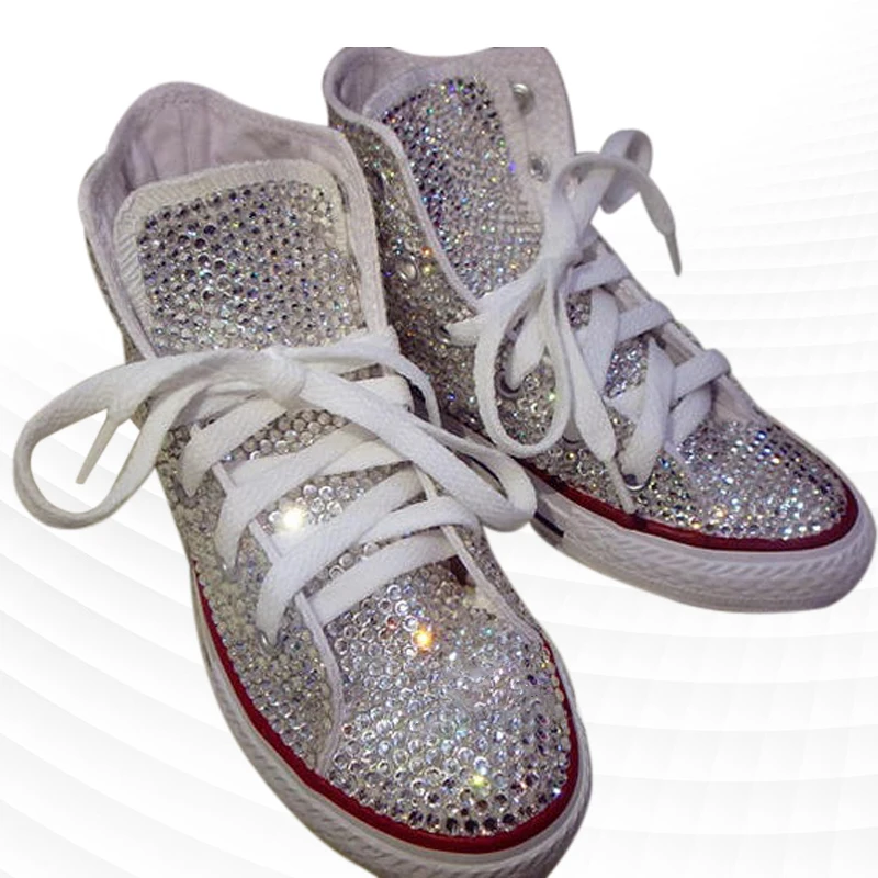 

Customized white rhinestone handmade women's classic high-top canvas shoes casual running shoes 35-44