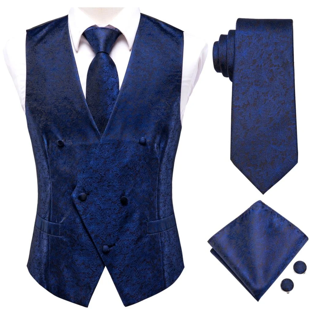 

Silk Men's Vests and Tie Business Formal Dresses Slim Vest 4PC Necktie Hanky cufflinks for Suit Blue Paisley Floral Waistcoat