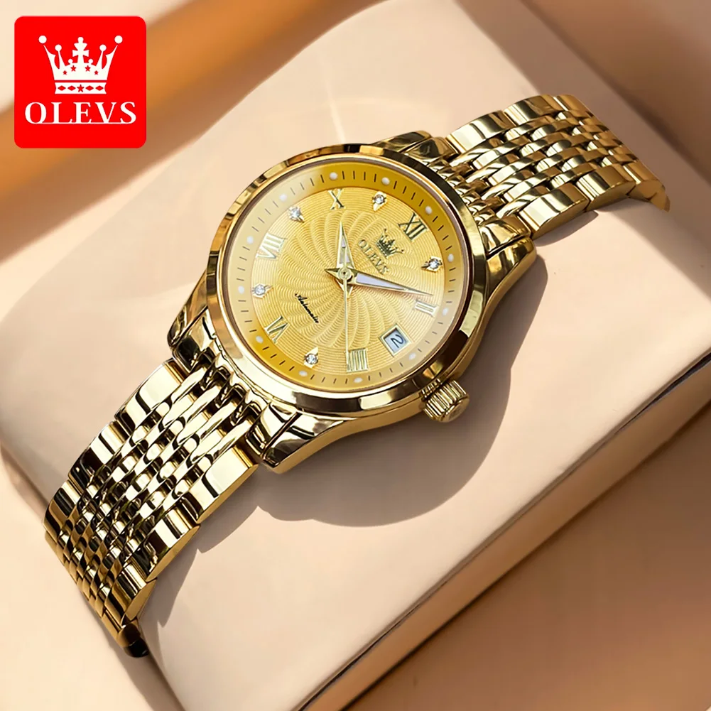 OLEVS Automatic Mechanical Watch for Women Luxury Top Brand Ladies Wristwatch Waterproof Luminous Steel Strap Gold Watches 6630