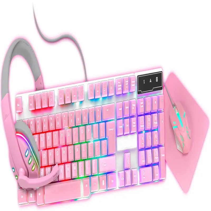 

Игровой набор для девочек 4 в 1, ярко-розовая клавиатура, микрофон, гарнитура + мышь и коврик для мыши