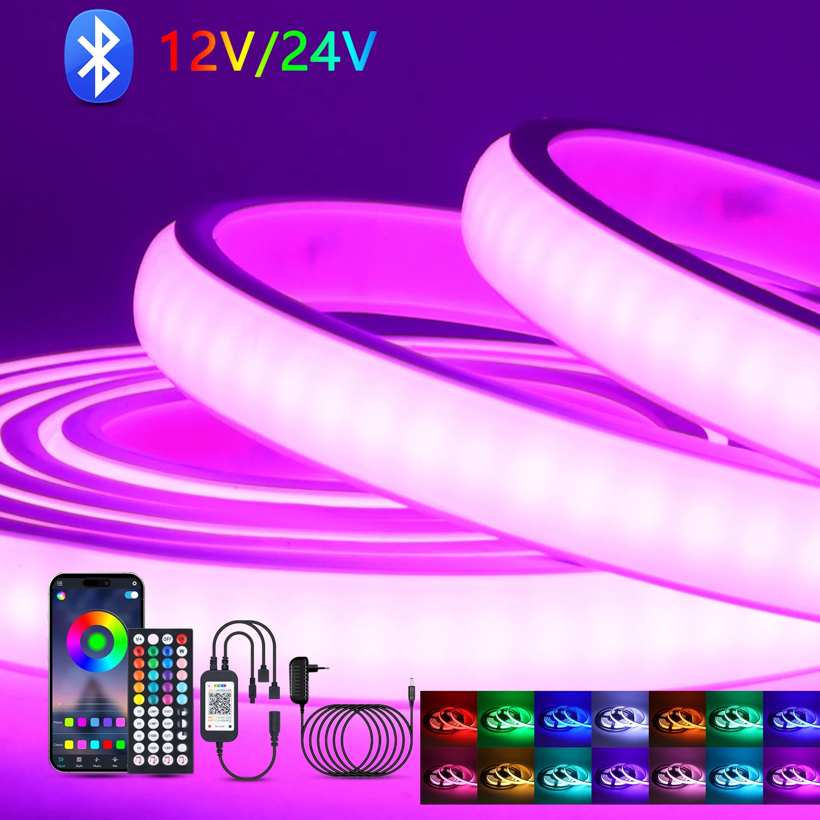 Фото 44-клавишный Bluetooth RGB COB LED неоновый светильник с пультом ДУ, комплект питания EU/US/UK/AU, 12В/24В, гибкая светодиодная лента 576 LED, 0.5м/1м/2м/5м/10м №1