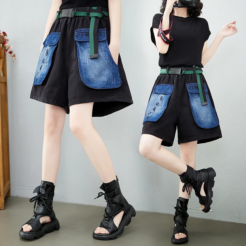 

Aricaca Summer Fashion Tanks Ladies Casual Denim Trousers Womens Vintage Spliced Printed Jeans Elastic Short Pants