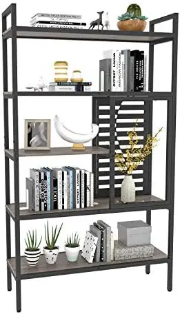 

Adjustable Industrial Bookshelf, Modern Wood Bookcase with Stable Metal Frame, Open Storage Shelves Standing Shelving Unit for L
