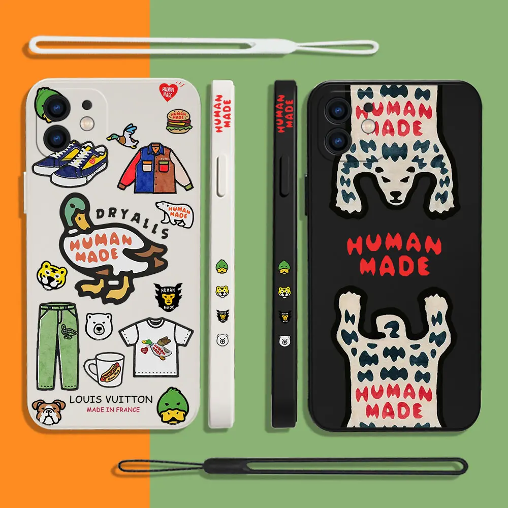 

Luxury Brand NIGO HUMAN MADE Phone Case For iPhone 14 13 12 11 Pro Max Mini X XR XS MAX SE20 8 7 Plus 6 6S Plus with Hand Strap