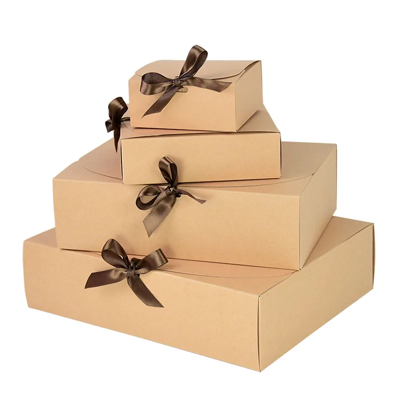 Caja de papel Kraft cuadrada de varios tamaños, embalaje de cartón para el Día de San Valentín, boda, fiesta de cumpleaños, caja de regalo con cintas, almacenamiento de dulces