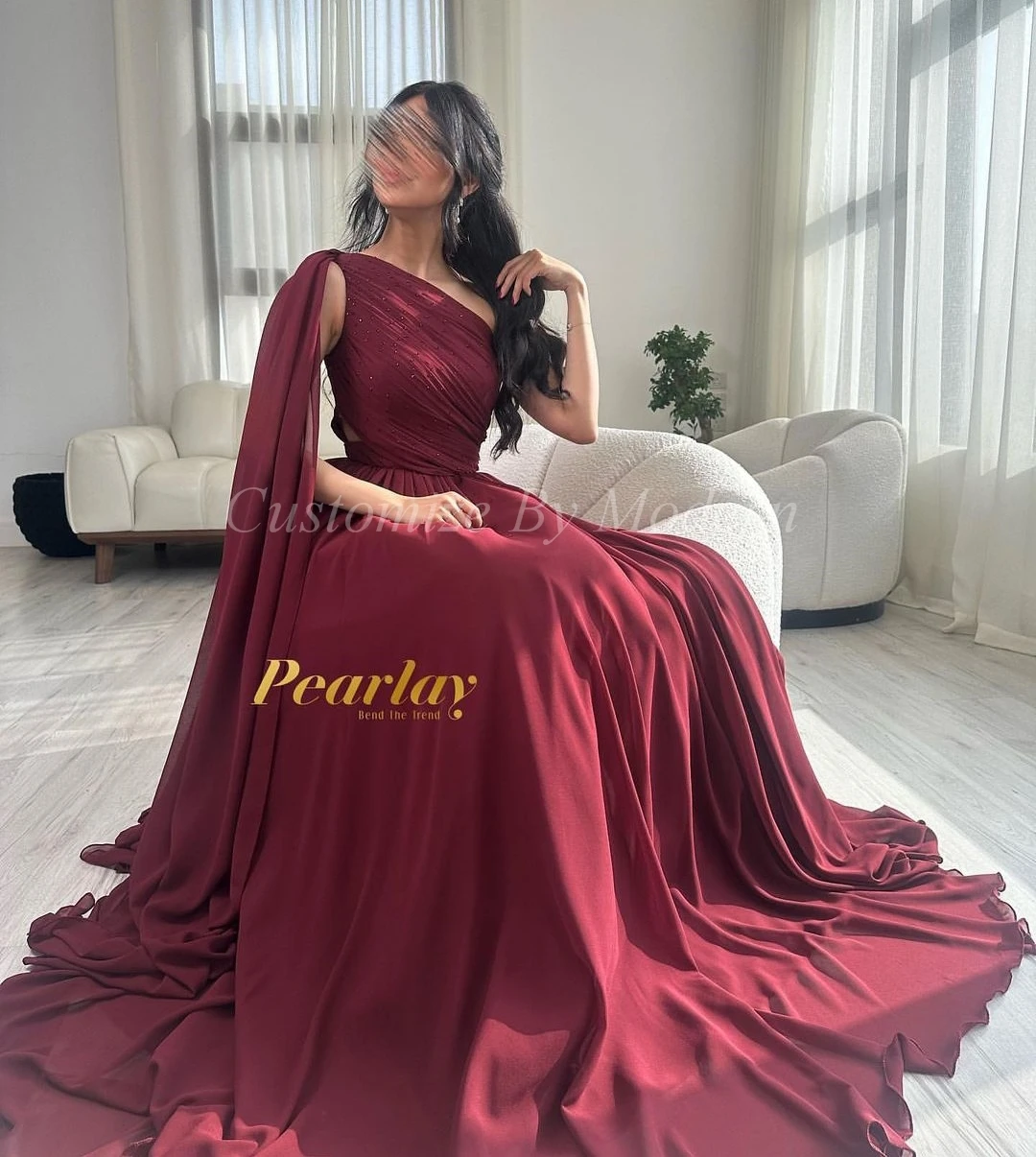 

Burgundy Chiffon Long Prom Dresses One Shoulder Pleated Beadings Floor Length Saudi Arabia Women Evening Party Dress