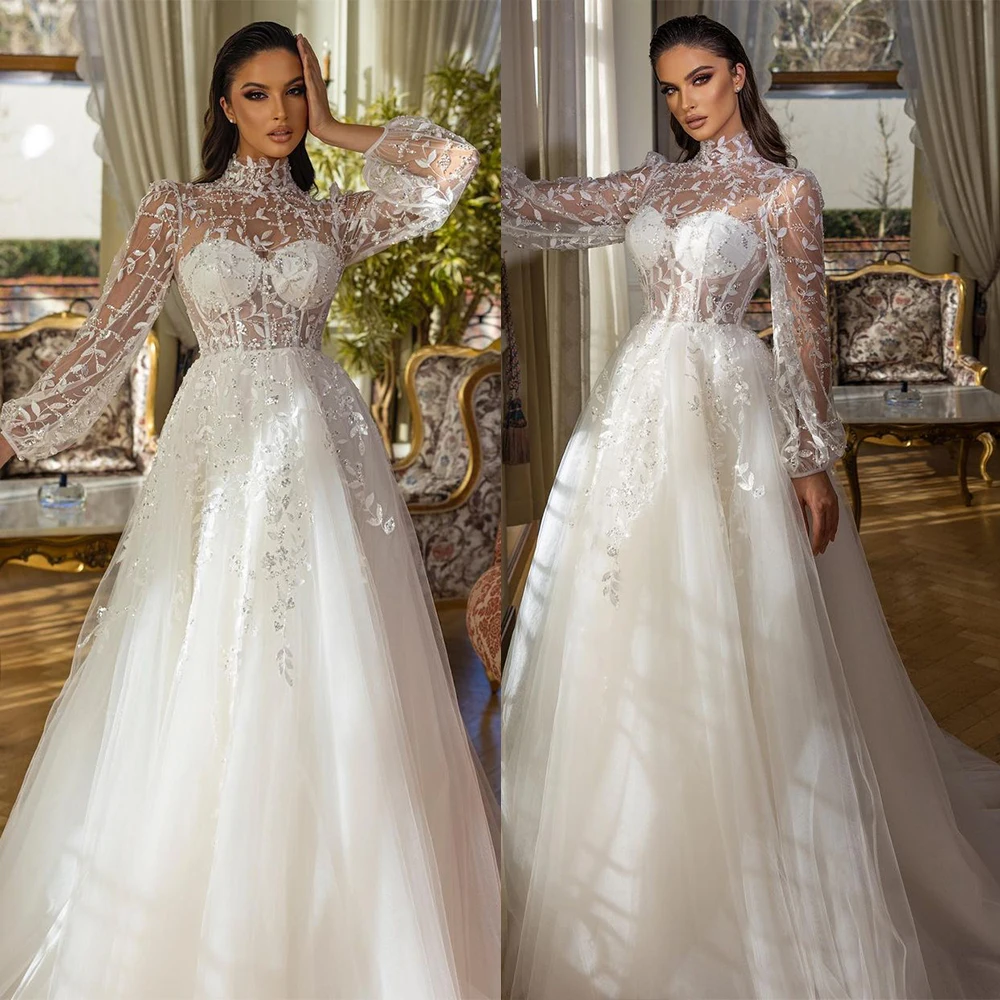 

Glamorous Appliques Wedding Dresses High Neck Long Sleeves Bridal Gowns Custom Made Sequined Illusion Vestido de novia