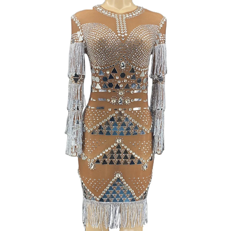 

Стразы сексуальное блестящее серебристое платье с бахромой для ночного клуба вечеринки выпускного дня рождения